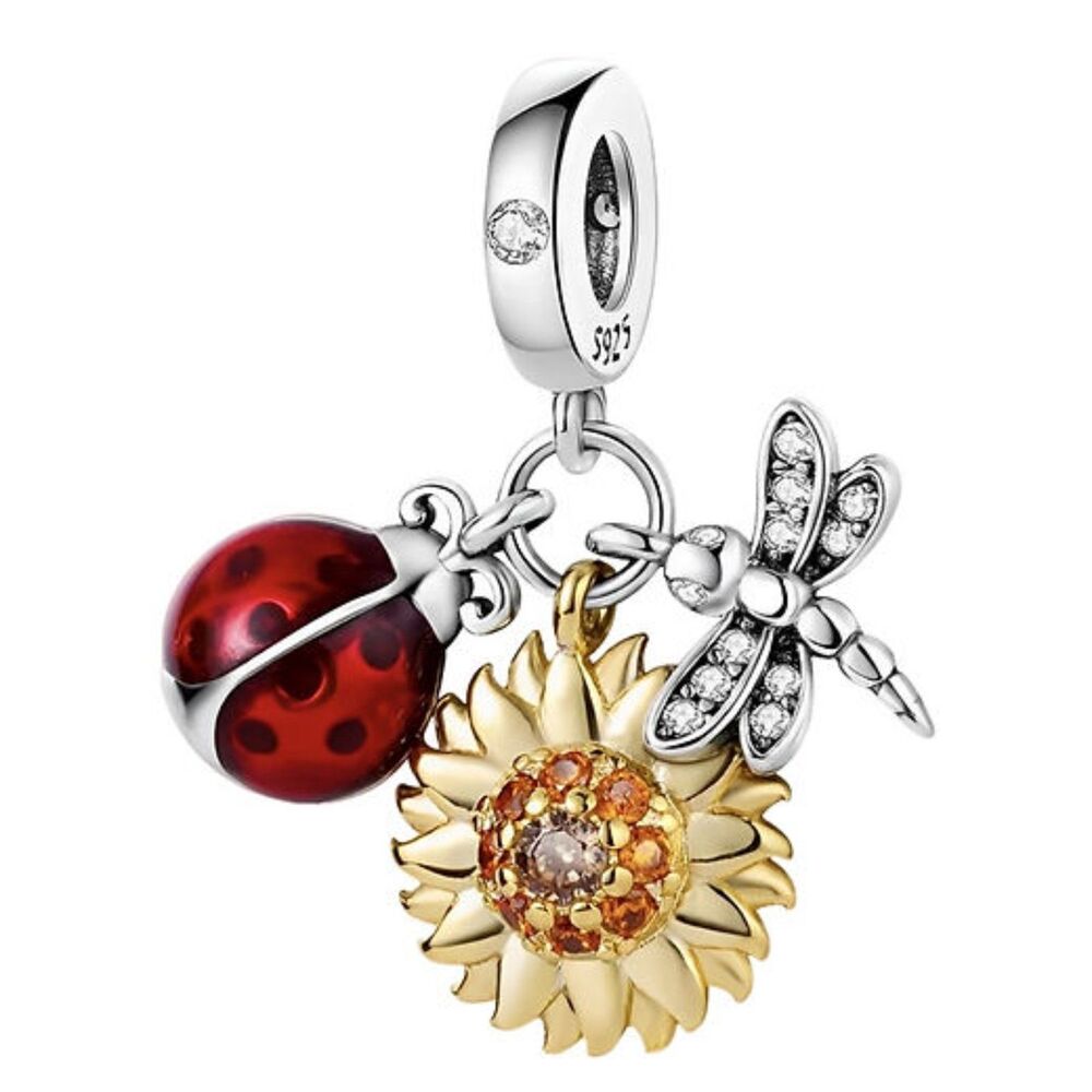 Ladybug Sunflower and Dragonfly Tri Dangle Charm S925 Silver 14K Gold Plated